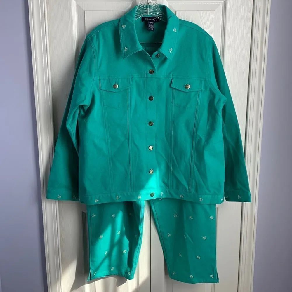 Denim & Co Cotton 2-pc Set Embroidered Cropped Pants Jacket L Green